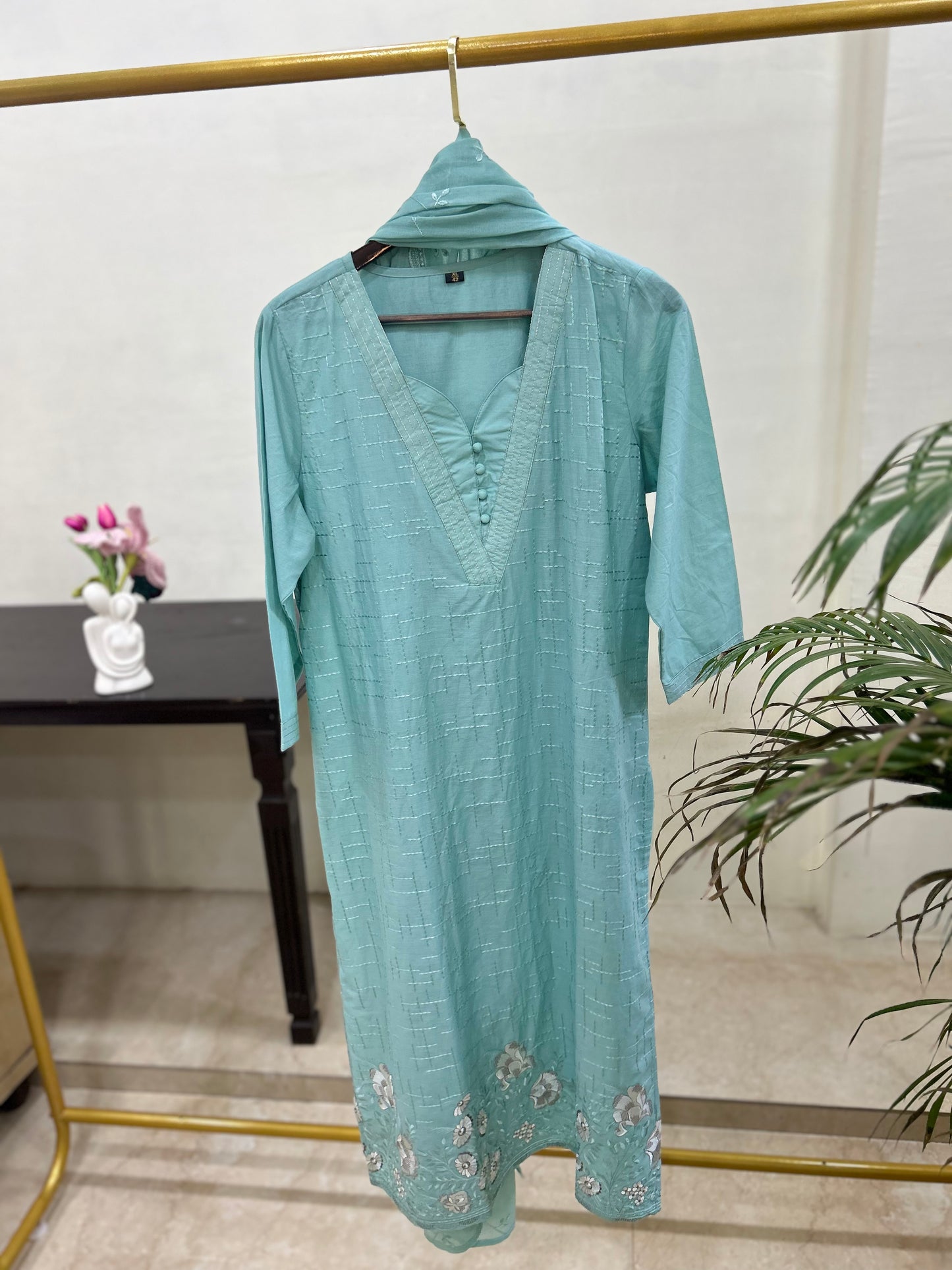 Women’s pure cotton embroidered kurta pant set with matching cotton dupatta in pastel pink and aqua blue, lightweight breathable ethnic wear for office, casual, and festive occasions.