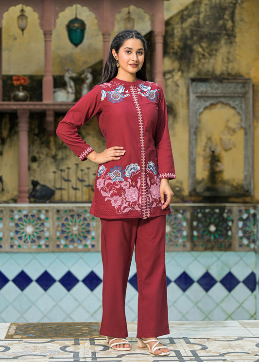 Maroon FloraLine Co-ord Set
