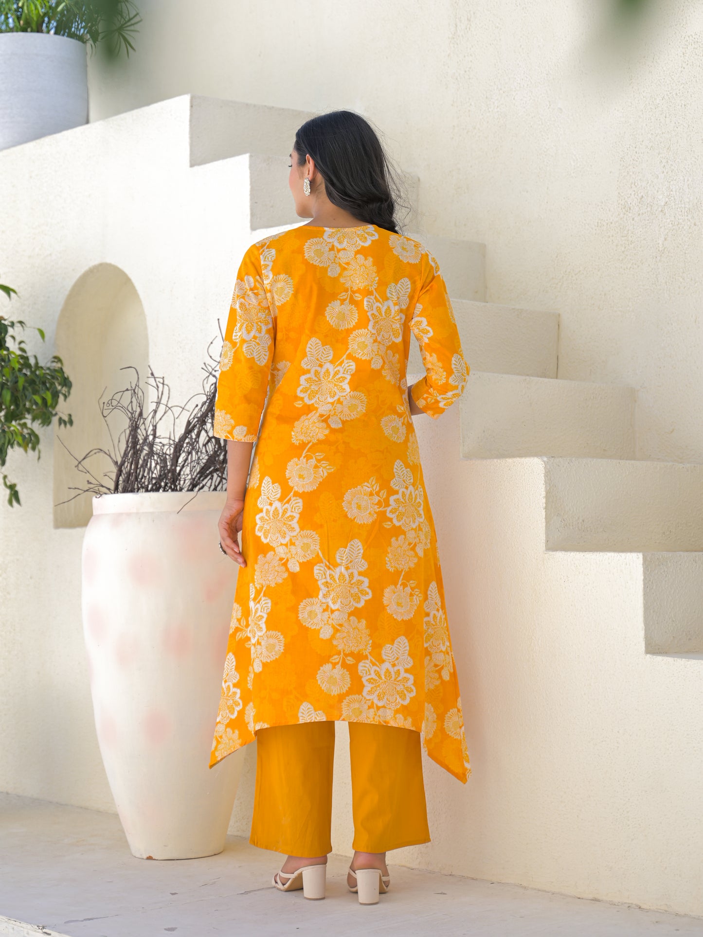 Yellow Floral Cotton Kurta Set