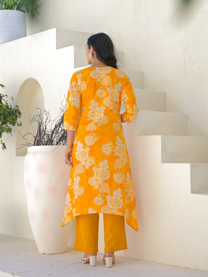 Yellow Floral Cotton Kurta Set