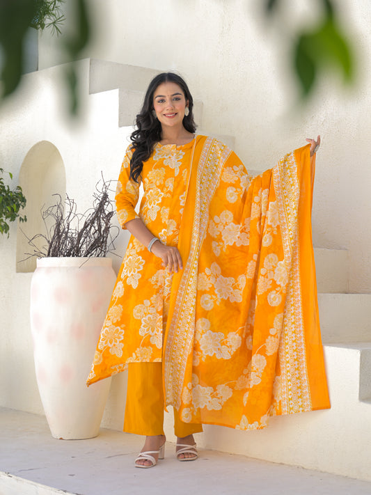 Yellow Floral Cotton Kurta Set