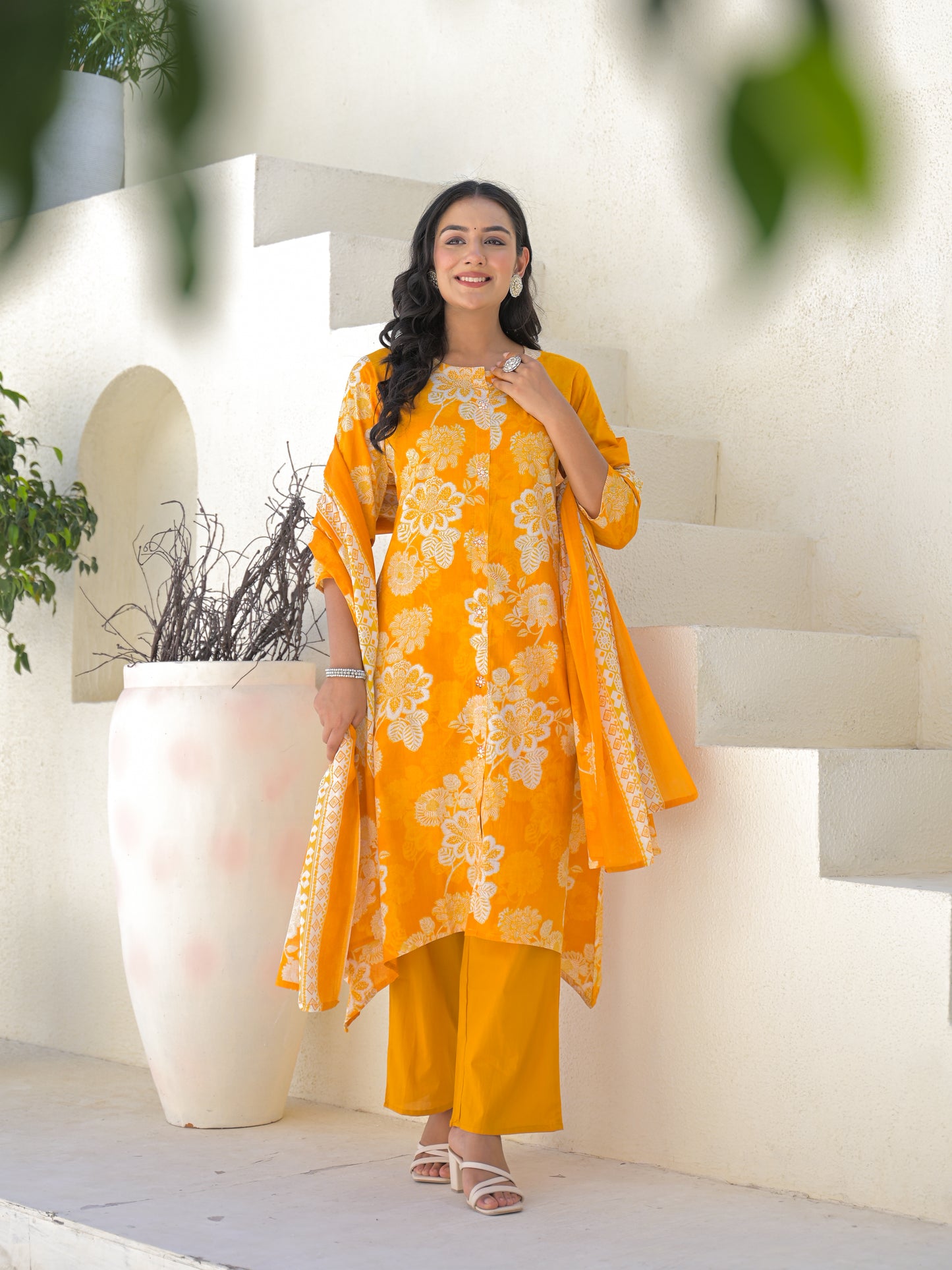 Yellow Floral Cotton Kurta Set