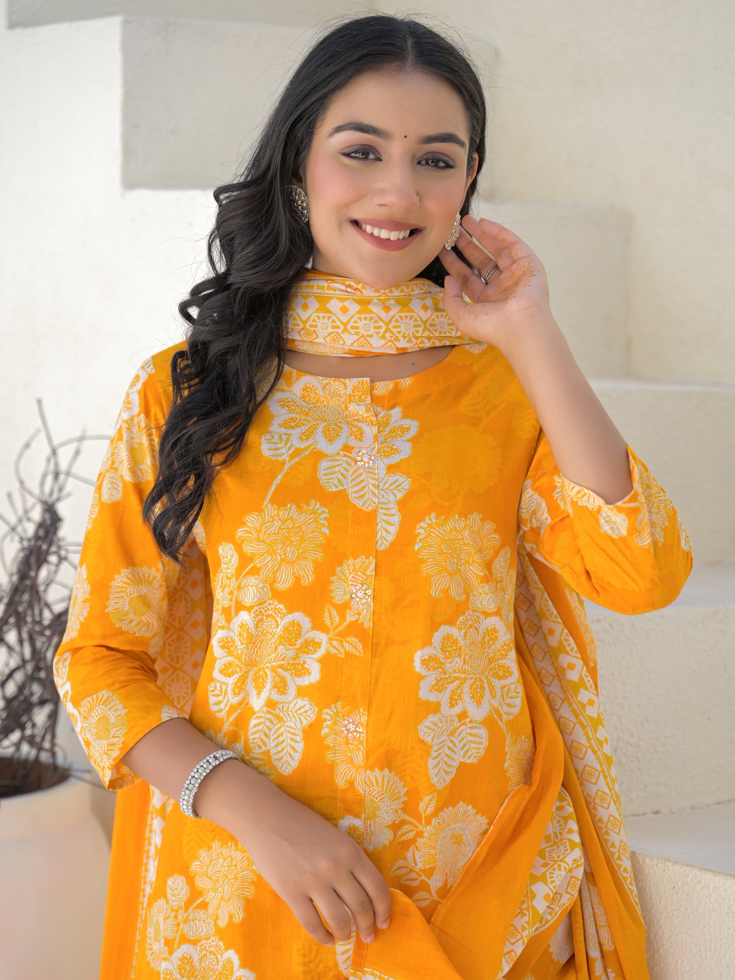 Yellow Floral Cotton Kurta Set