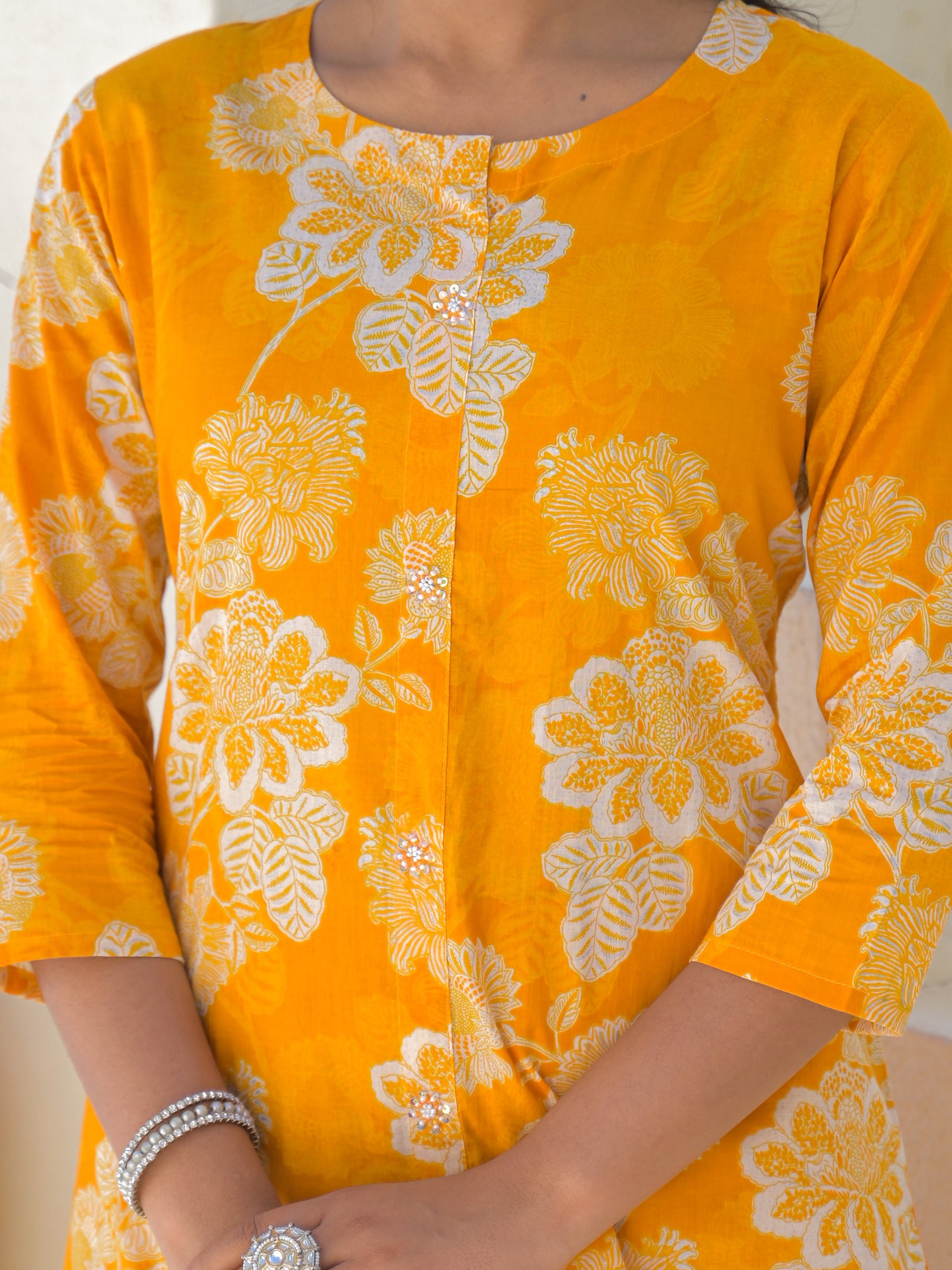 Yellow Floral Cotton Kurta Set