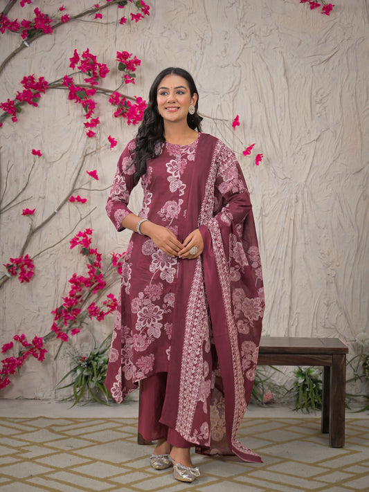 Maroon Floral Cotton Kurta Set