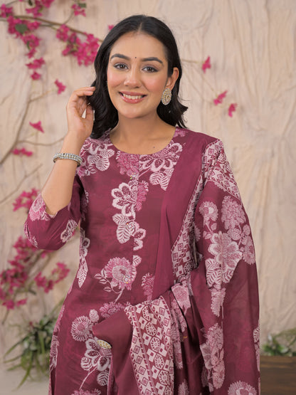 Maroon Floral Cotton Kurta Set