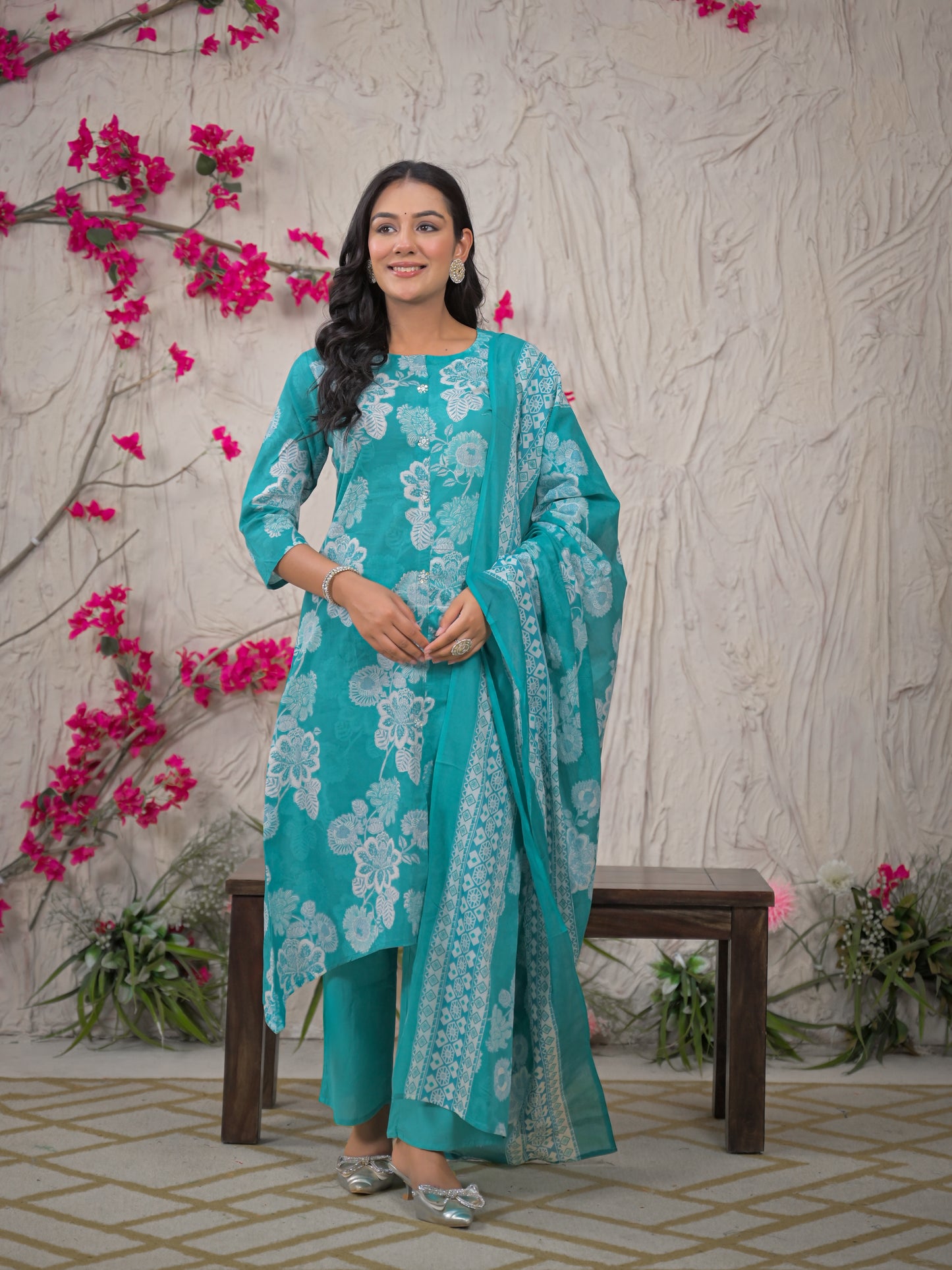 Blue Floral Cotton Kurta Set