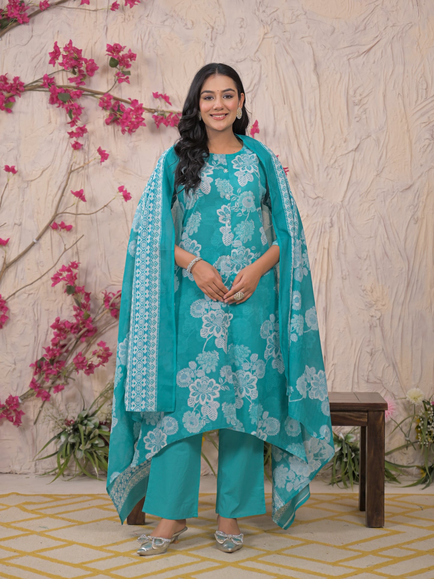 Blue Floral Cotton Kurta Set