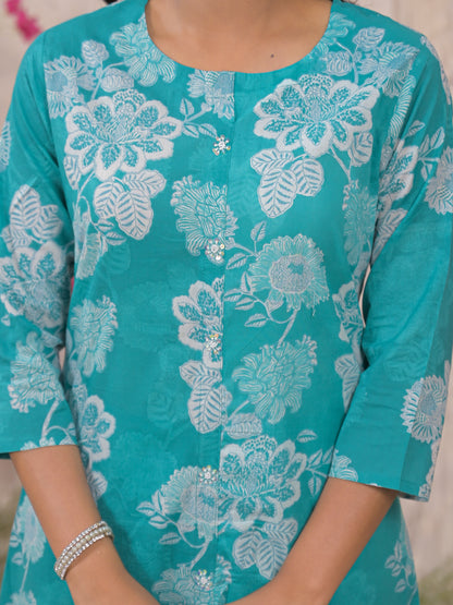 Blue Floral Cotton Kurta Set