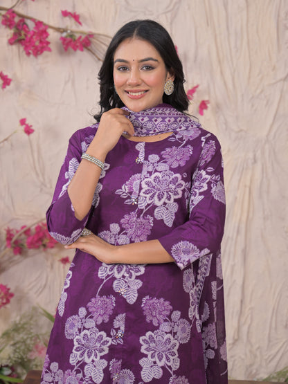 Purple Floral Cotton Kurta Set
