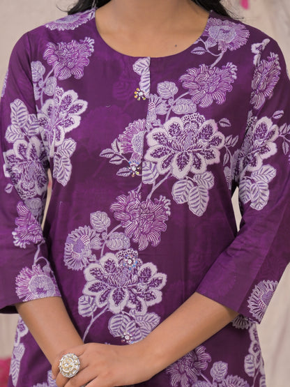 Purple Floral Cotton Kurta Set