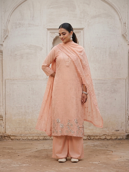 Women’s pure cotton embroidered kurta pant set with matching cotton dupatta in pastel pink and aqua blue, lightweight breathable ethnic wear for office, casual, and festive occasions.