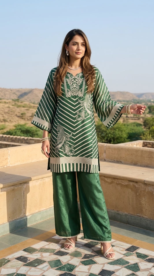 Muslin Striped Co-ord Set - Bottle Green