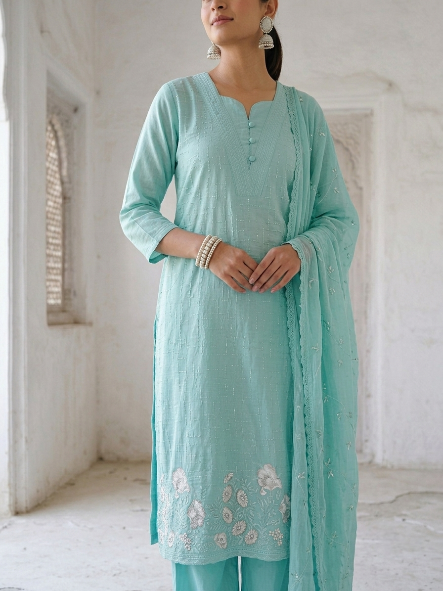 Women’s pure cotton embroidered kurta pant set with matching cotton dupatta in pastel pink and aqua blue, lightweight breathable ethnic wear for office, casual, and festive occasions.