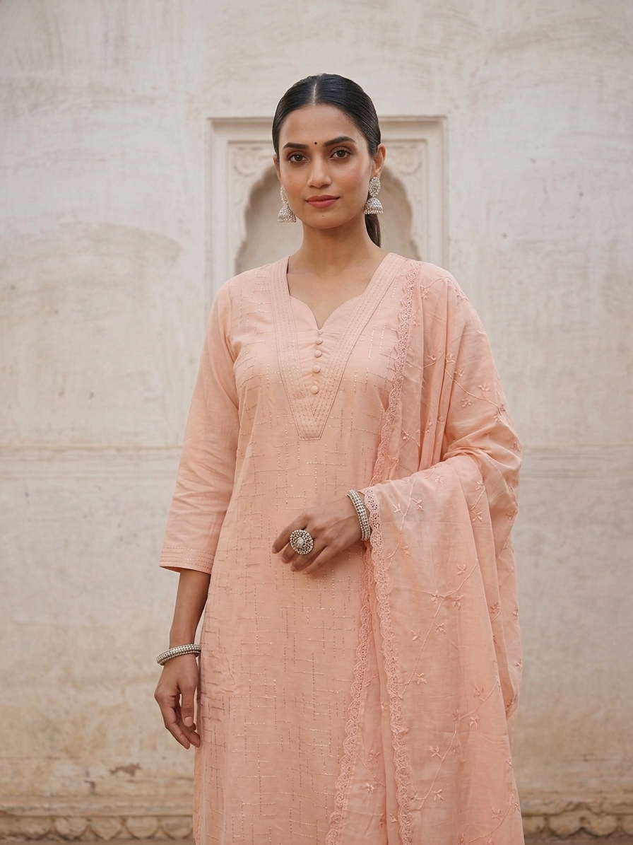 Women’s pure cotton embroidered kurta pant set with matching cotton dupatta in pastel pink and aqua blue, lightweight breathable ethnic wear for office, casual, and festive occasions.