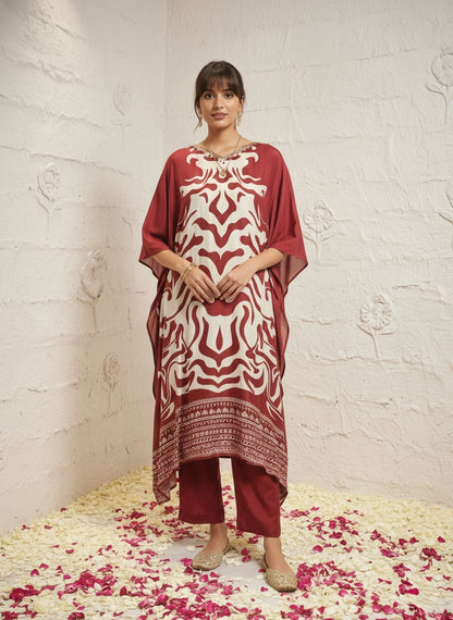 Marbel Muslin Kaftan Set - maroon