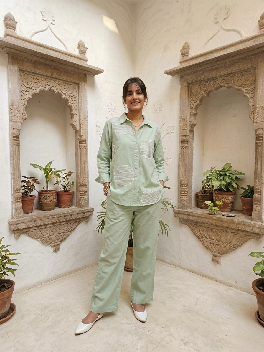 Women's pure cotton co-ord set featuring oversized dot motif detailing, button-front shirt and relaxed fit pants by Fabculture