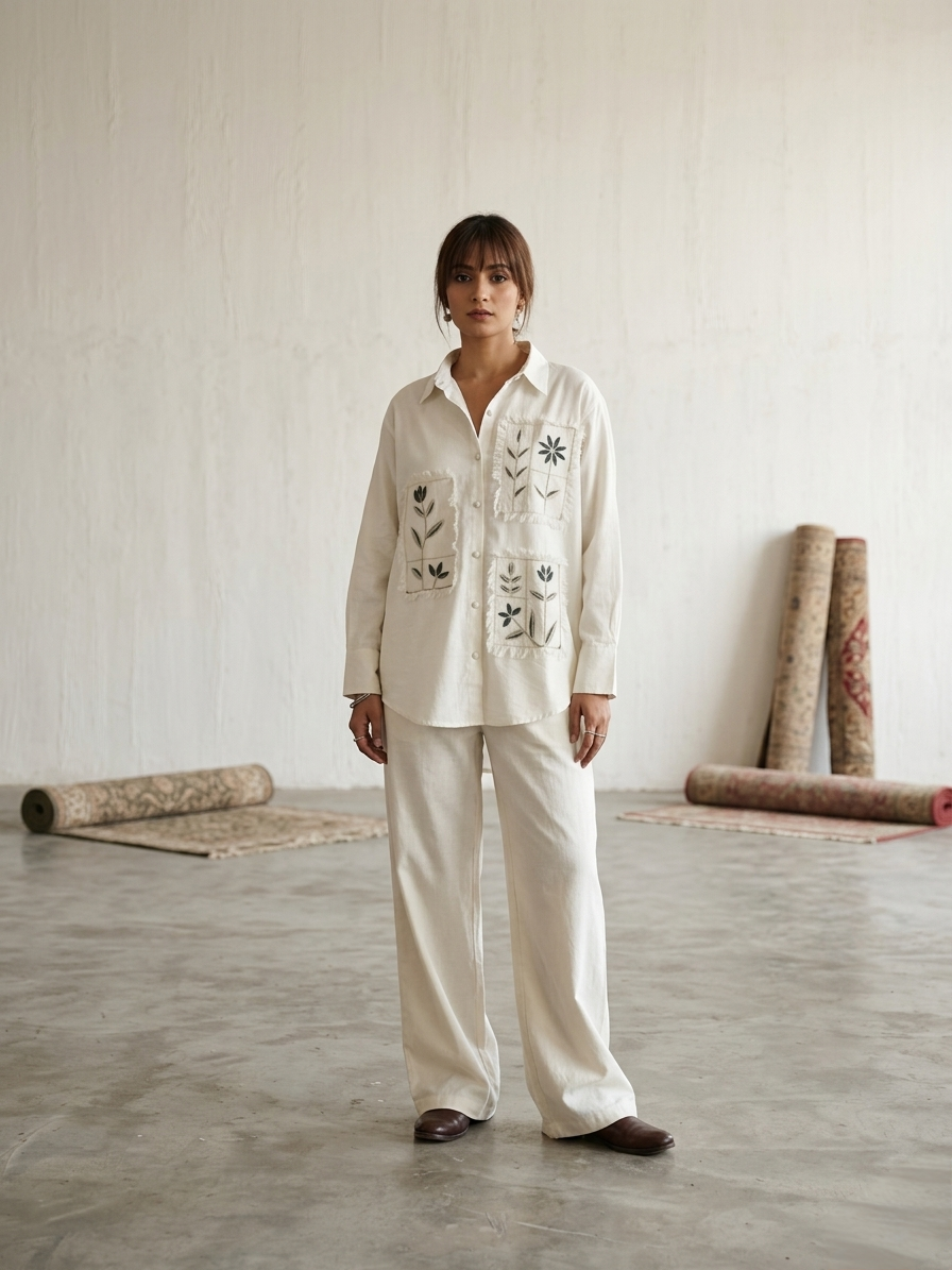 Women's pure cotton co-ord set featuring embroidered floral patch pockets, button-down shirt and wide-leg pants by Fabculture