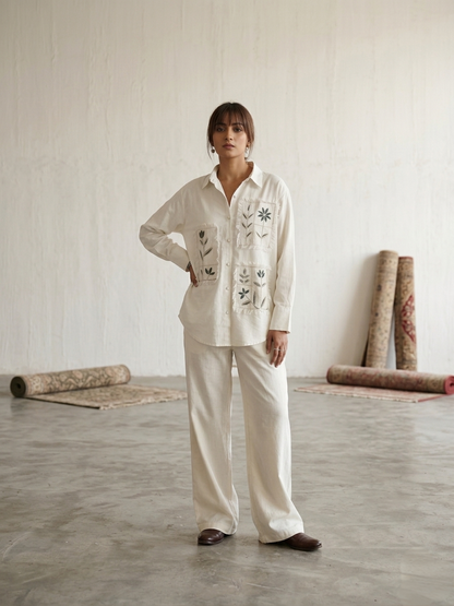 Women's pure cotton co-ord set featuring embroidered floral patch pockets, button-down shirt and wide-leg pants by Fabculture
