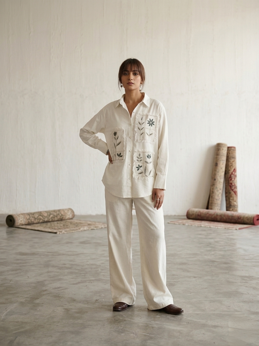 Women's pure cotton co-ord set featuring embroidered floral patch pockets, button-down shirt and wide-leg pants by Fabculture