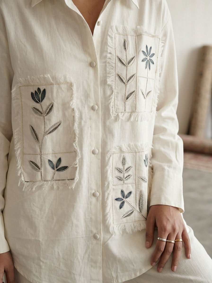 Women's pure cotton co-ord set featuring embroidered floral patch pockets, button-down shirt and wide-leg pants by Fabculture