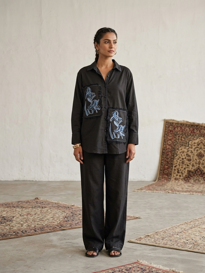 Women's pure cotton co-ord set featuring embroidered floral patch pockets, button-down shirt and wide-leg pants by Fabculture