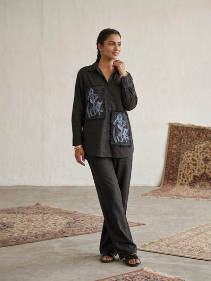 Women's pure cotton co-ord set featuring embroidered floral patch pockets, button-down shirt and wide-leg pants by Fabculture