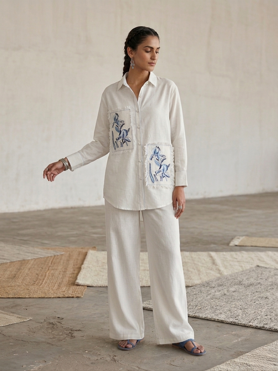 Women's pure cotton co-ord set featuring embroidered floral patch pockets, button-down shirt and wide-leg pants by Fabculture