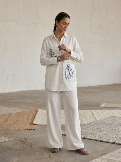 Women's pure cotton co-ord set featuring embroidered floral patch pockets, button-down shirt and wide-leg pants by Fabculture