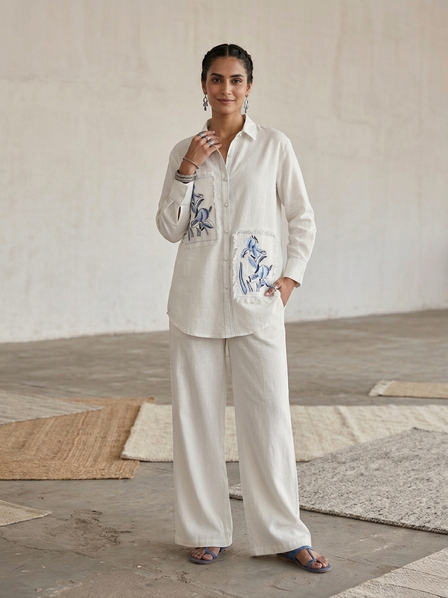 Women's pure cotton co-ord set featuring embroidered floral patch pockets, button-down shirt and wide-leg pants by Fabculture