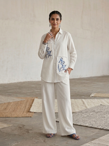 Women's pure cotton co-ord set featuring embroidered floral patch pockets, button-down shirt and wide-leg pants by Fabculture