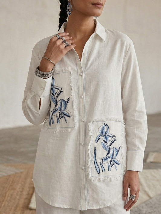 Women's pure cotton co-ord set featuring embroidered floral patch pockets, button-down shirt and wide-leg pants by Fabculture