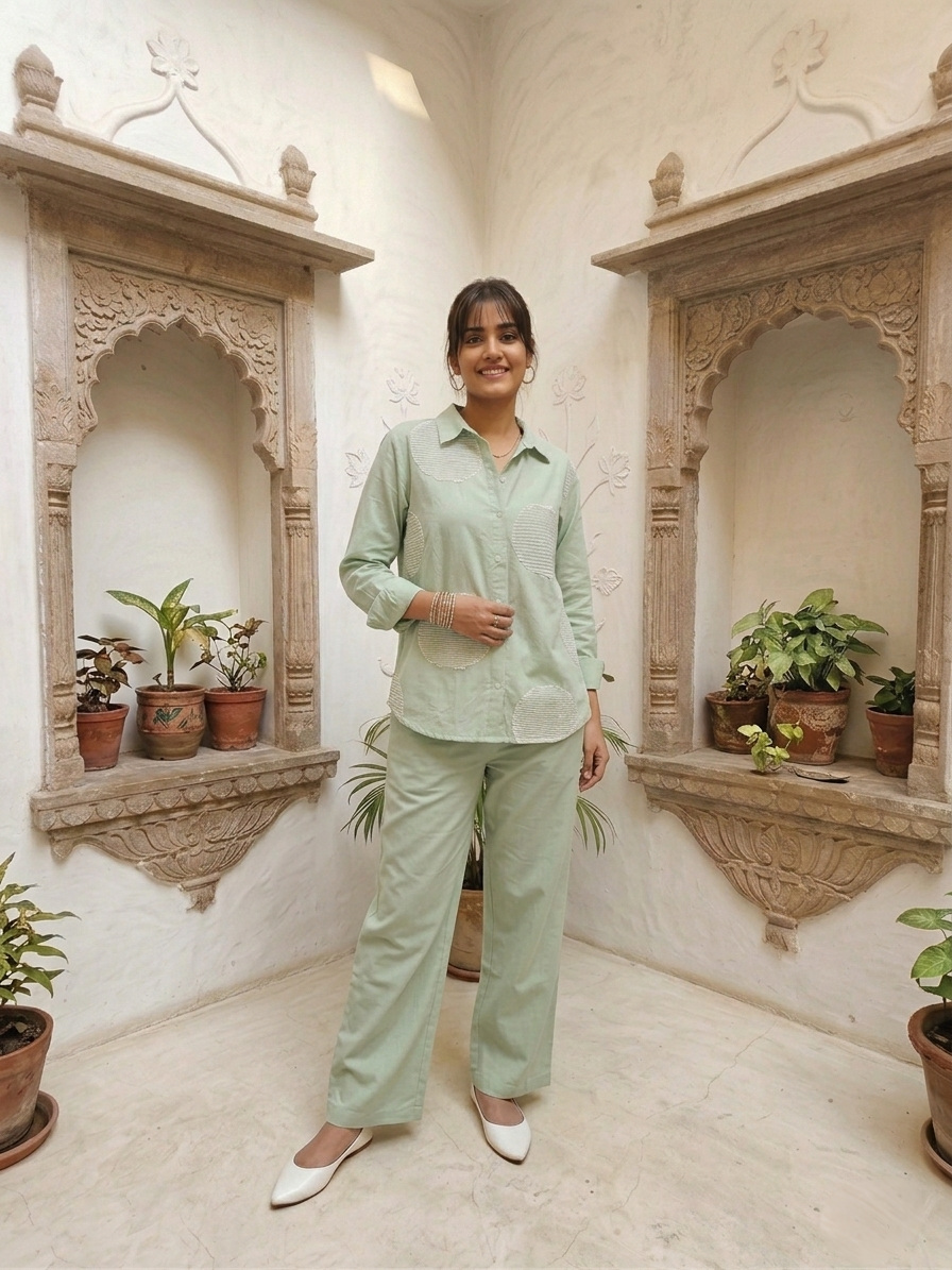 Women's pure cotton co-ord set featuring oversized dot motif detailing, button-front shirt and relaxed fit pants by Fabculture
