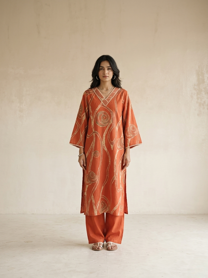 Rust  cotton kurta set with abstract print