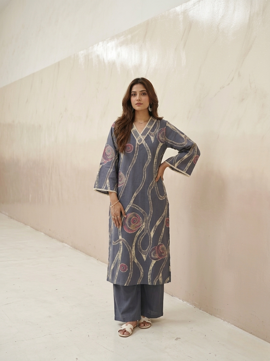 Purple cotton kurta set with abstract print