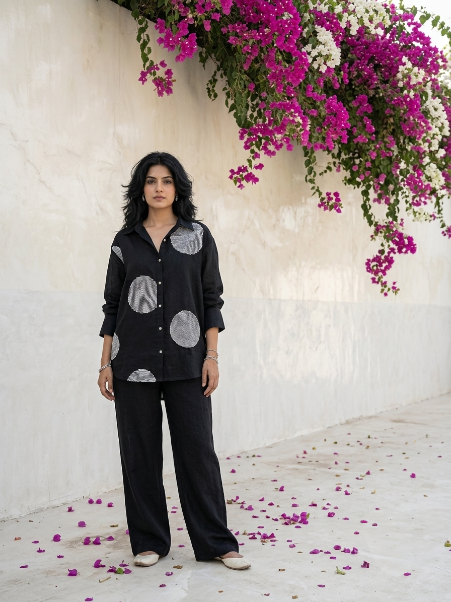 Women's pure cotton co-ord set featuring oversized motif detailing, button-front shirt and relaxed fit pants by Fabculture