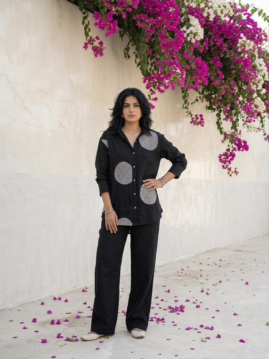 Women's pure cotton co-ord set featuring oversized motif detailing, button-front shirt and relaxed fit pants by Fabculture