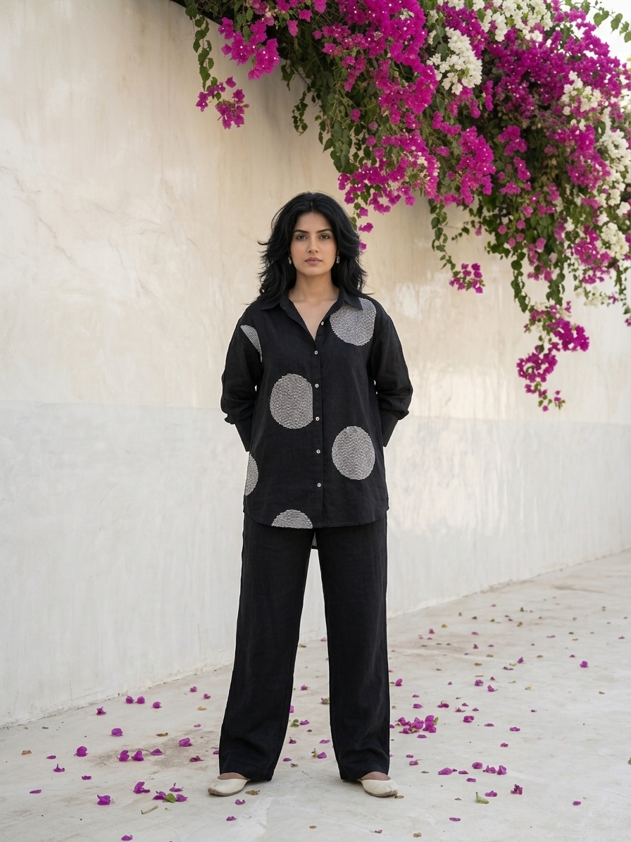 Women's pure cotton co-ord set featuring oversized motif detailing, button-front shirt and relaxed fit pants by Fabculture