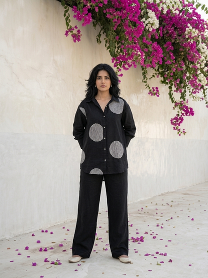 Women's pure cotton co-ord set featuring oversized motif detailing, button-front shirt and relaxed fit pants by Fabculture
