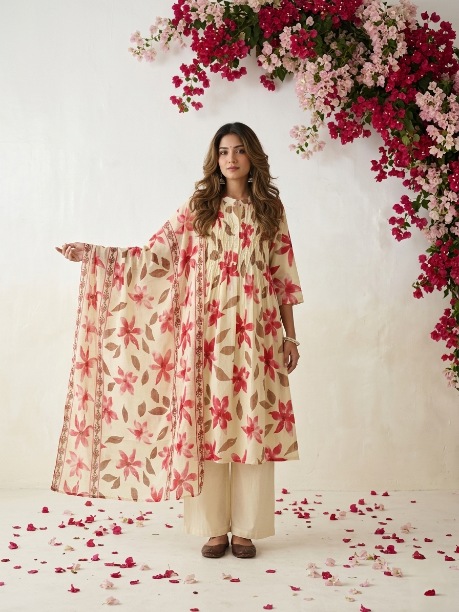 Floral cotton suit set featuring pintuck embroidered yoke and lightweight Kota Doriya dupatta