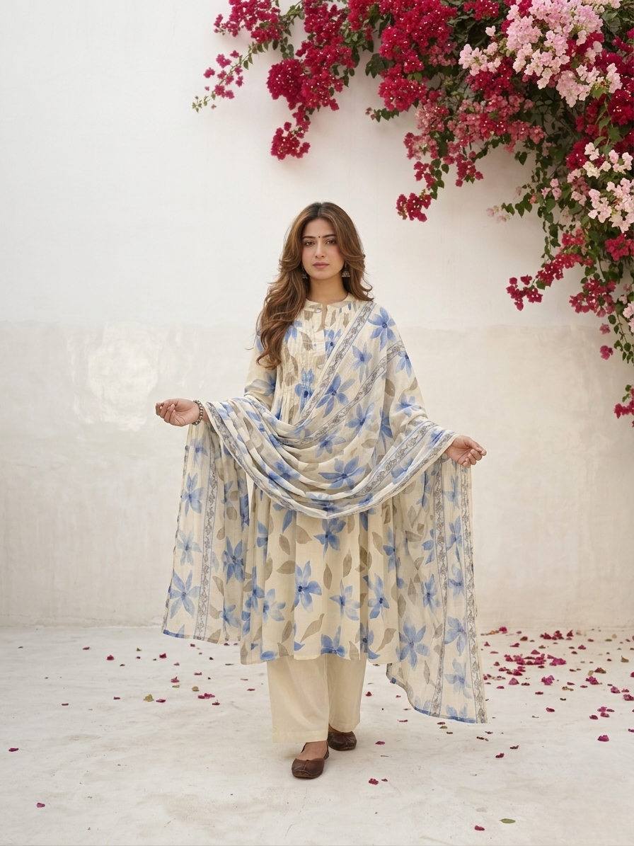 Floral cotton suit set featuring pintuck embroidered yoke and lightweight Kota Doriya dupatta