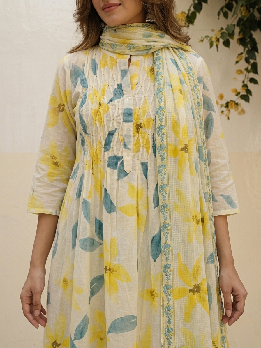 Floral cotton suit set featuring pintuck embroidered yoke and lightweight Kota Doriya dupatta