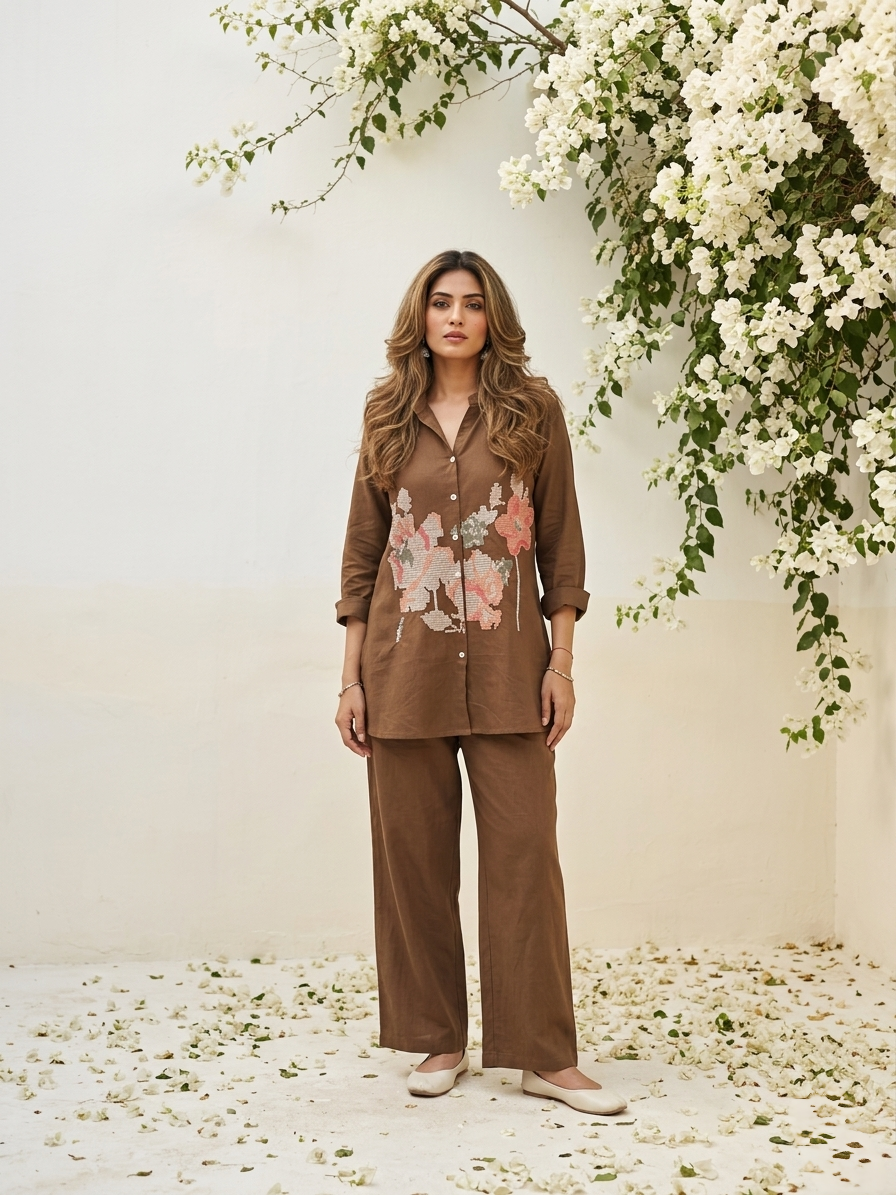 Mehr Gul Embroidered Cotton Co-ord Set-Brown