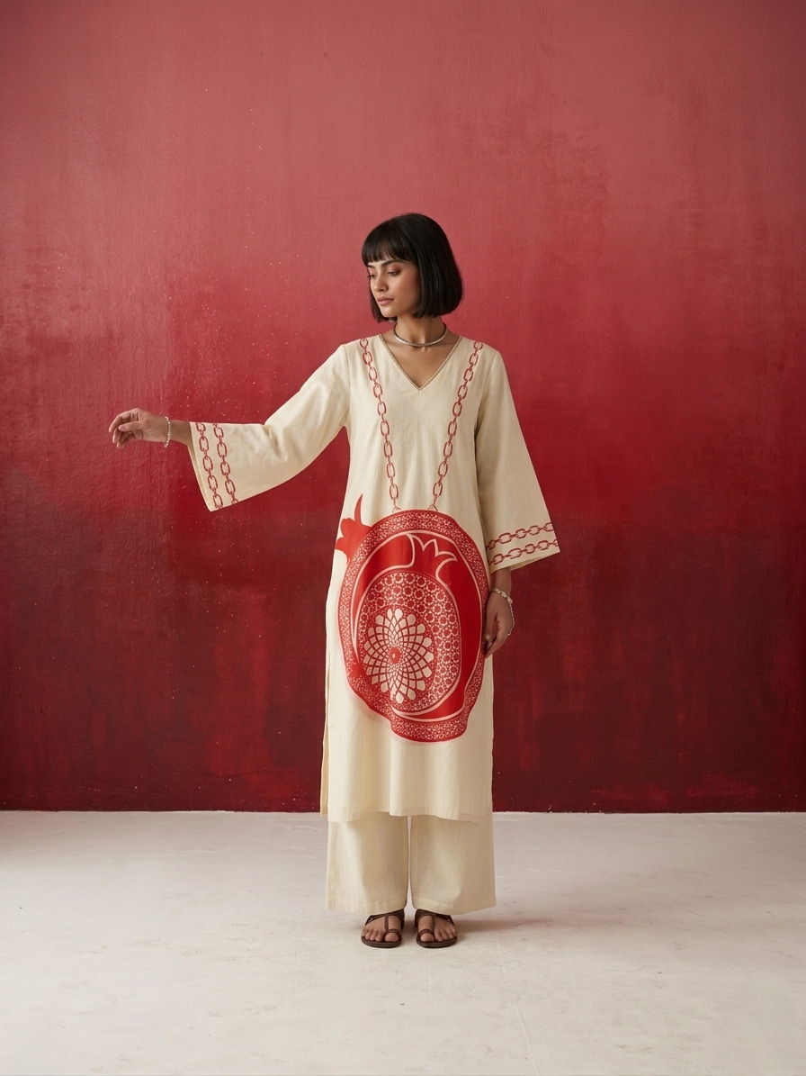 Premium pure cotton kurta set for women with artistic pomegranate motif and comfortable silhouette