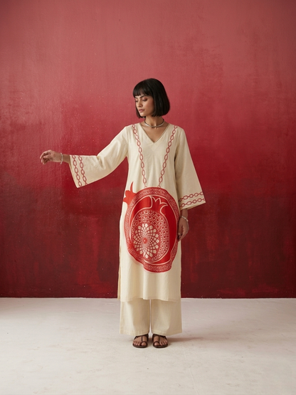 Premium pure cotton kurta set for women with artistic pomegranate motif and comfortable silhouette
