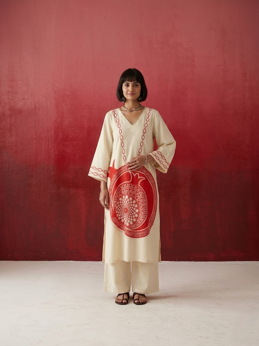 Premium pure cotton kurta set for women with artistic pomegranate motif and comfortable silhouette