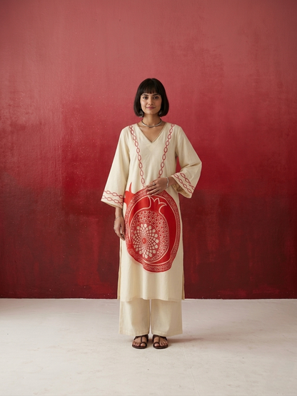 Premium pure cotton kurta set for women with artistic pomegranate motif and comfortable silhouette