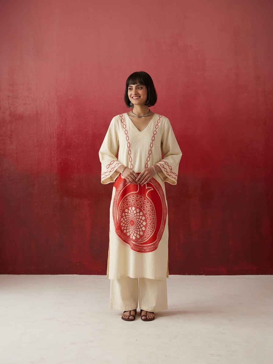 Premium pure cotton kurta set for women with artistic pomegranate motif and comfortable silhouette