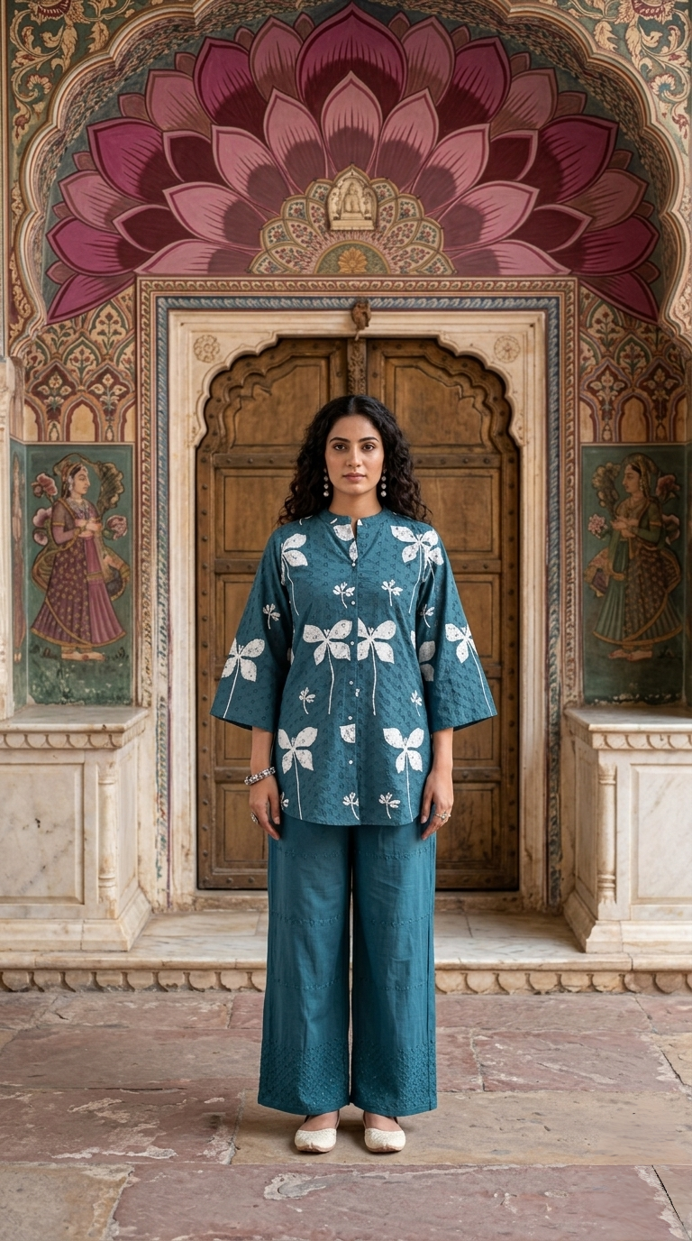 Women's Schiffli Blue cotton co-ord set with soft lining, floral placement print and embroidered cotton pants by Fabculture