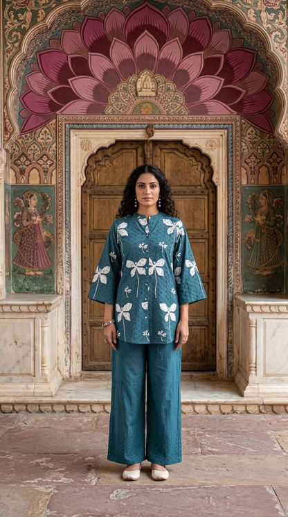 Women's Schiffli Blue cotton co-ord set with soft lining, floral placement print and embroidered cotton pants by Fabculture